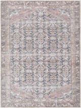 Detailed view of the Valar Washable Area Rug with a traditional design in beige, black, and dark red tones. Design-Rectangle-537