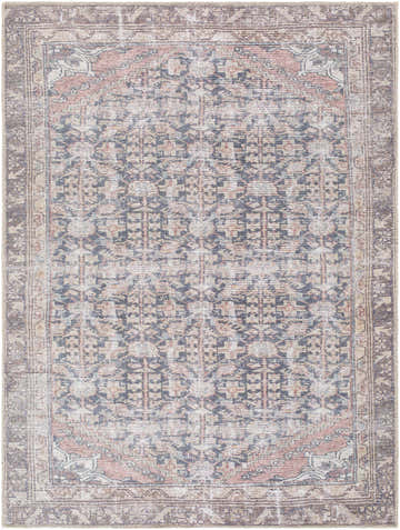 Detailed view of the Valar Washable Area Rug with a traditional design in beige, black, and dark red tones. Design-Rectangle-537