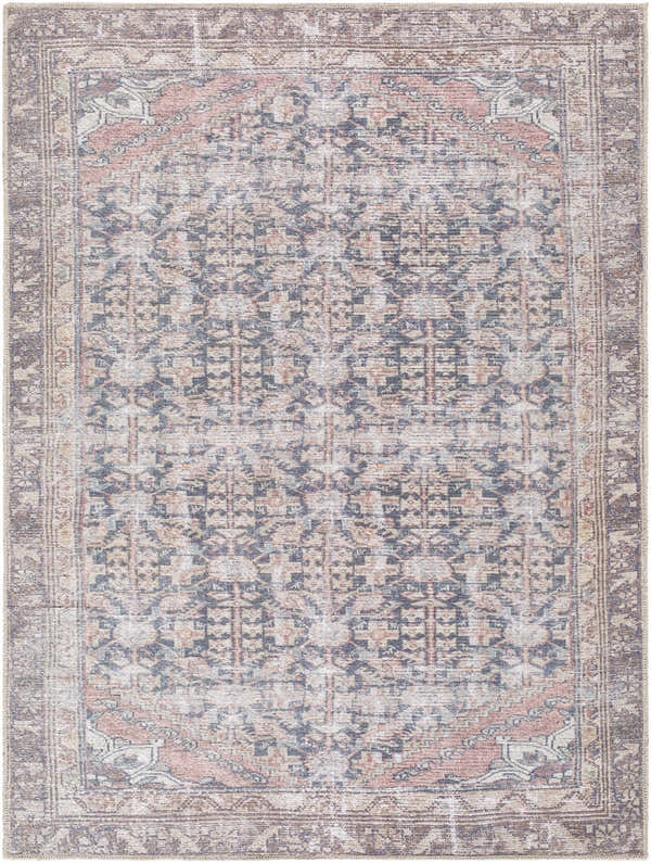 Detailed view of the Valar Washable Area Rug with a traditional design in beige, black, and dark red tones. Design-Rectangle-537