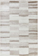 Close-up of the Vasso Beige Area Rug; a contemporary rug with a light silver and warm gray geometric pattern. Design-Rectangle-5373