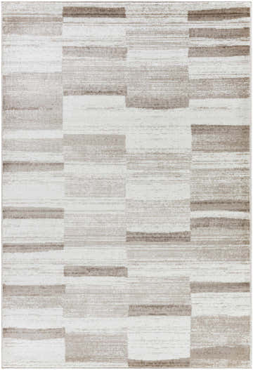 Close-up of the Vasso Beige Area Rug; a contemporary rug with a light silver and warm gray geometric pattern. Design-Rectangle-5373