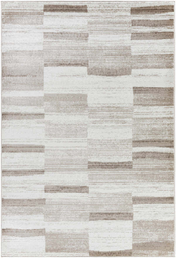 Close-up of the Vasso Beige Area Rug; a contemporary rug with a light silver and warm gray geometric pattern. Design-Rectangle-5373