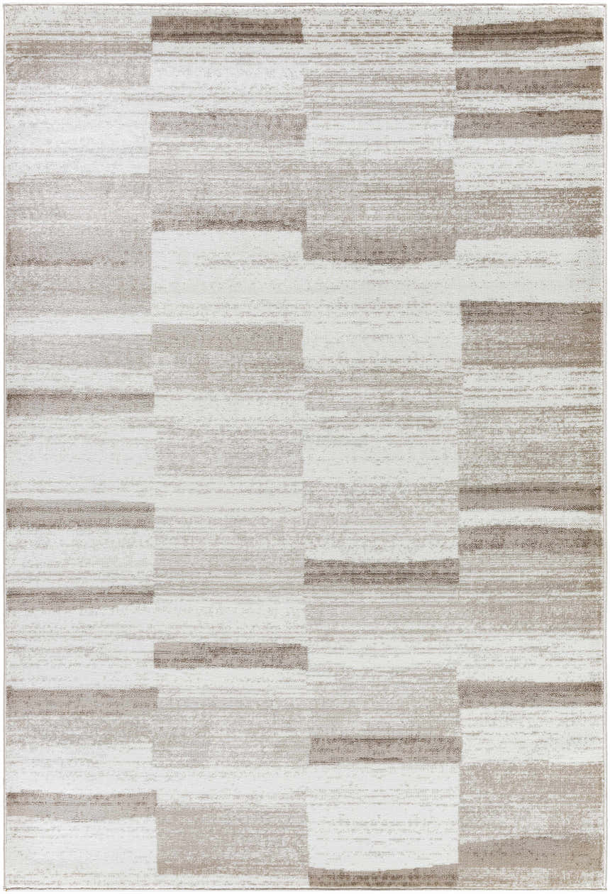 Close-up of the Vasso Beige Area Rug; a contemporary rug with a light silver and warm gray geometric pattern. Design-Rectangle-5373