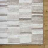 Close-up of the Vasso Beige Area Rug showing its contemporary light silver and gray block pattern and woven texture. Swatch