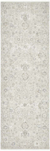 Close-up of the Vaman Luxe Rug. Light silver and sterling gray traditional floral pattern. Machine woven polyester. Design-Runner-27710