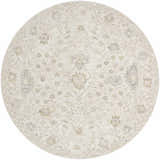 Close-up of the round Vaman Luxe Rug. Light silver and sterling gray traditional floral pattern. Design-Round-7