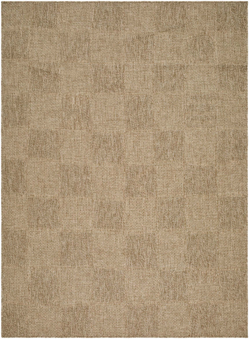 Close-up of the Veras Beige Area Rug. Neutral tan rug with a subtle, contemporary woven texture and geometric pattern. Design-Rectangle-537
