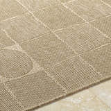 Close-up of the Veras Beige Area Rug showing its contemporary geometric pattern and woven texture. Texture