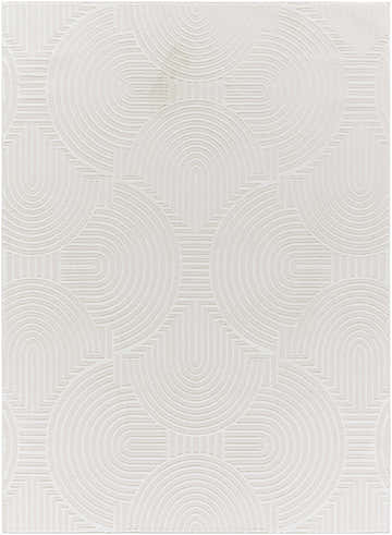 Close-up of the Aucoin Cream 3D Rainbow Washable Area Rug featuring a textured geometric rainbow pattern. Design-Rectangle-4117