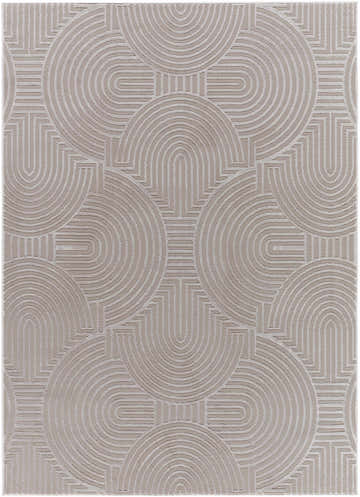 Close up of the Aucoin Taupe 3D Rainbow Washable Area Rug featuring a geometric, arched line pattern. Design-Rectangle-4117