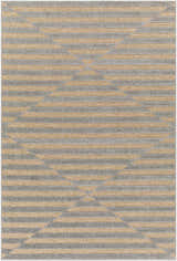 Close-up of the Webuye 3D Outdoor Area Rug. Geometric pattern in dark gray and light peach stripes. Machine woven polypropylene rug. Design-Rectangle-5373