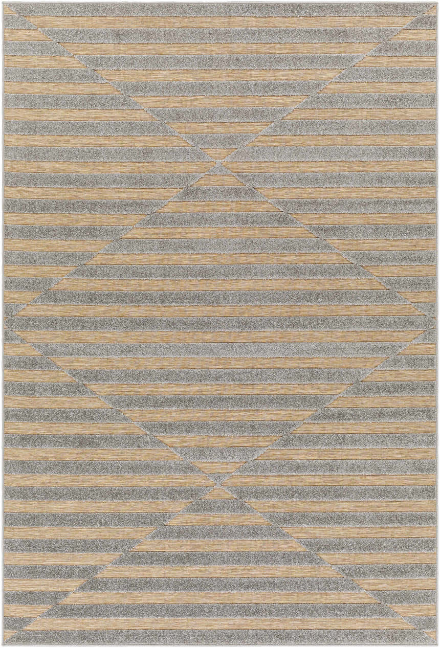 Close-up of the Webuye 3D Outdoor Area Rug. Geometric pattern in dark gray and light peach stripes. Machine woven polypropylene rug. Design-Rectangle-5373