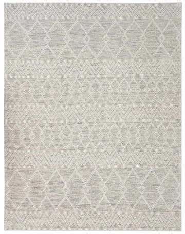 Close-up of the Whittington Wool Area Rug. Hand woven rug with a geometric diamond pattern in charcoal, gray, and off-white. Design-Rectangle