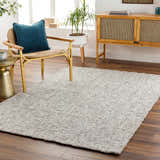Living room scene with a neutral Westoning Area Rug, gold chair with blue pillow, and wood cabinet. Roomscene-Rectangle