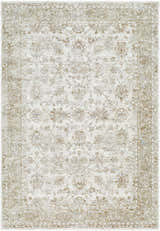 Close-up of the Arella Area Rug. Farmhouse style rug in ivory, sandstone, slate gray, and taupe with a traditional floral pattern. Design-Rectangle-6796