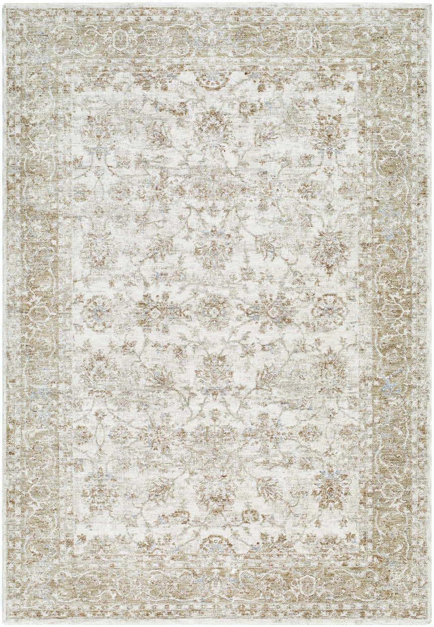 Close-up of the Arella Area Rug. Farmhouse style rug in ivory, sandstone, slate gray, and taupe with a traditional floral pattern. Design-Rectangle-6796