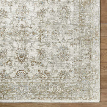Close-up of the Arella Area Rug in ivory, sandstone, slate gray, and taupe with a traditional floral pattern. Corner