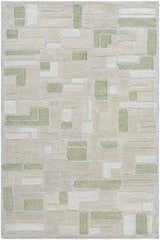 Close-up of the Alaqua Area Rug. Hand-tufted wool rug in ash, desert sand, slate blue, and sterling gray. Contemporary style. Design-Rectangle-576
