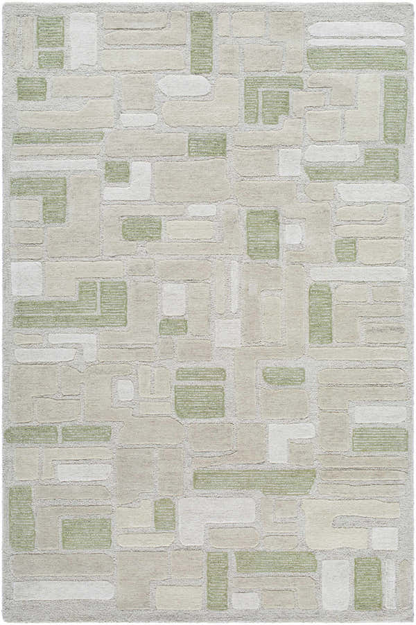 Close-up of the Alaqua Area Rug. Hand-tufted wool rug in ash, desert sand, slate blue, and sterling gray. Contemporary style. Design-Rectangle-576