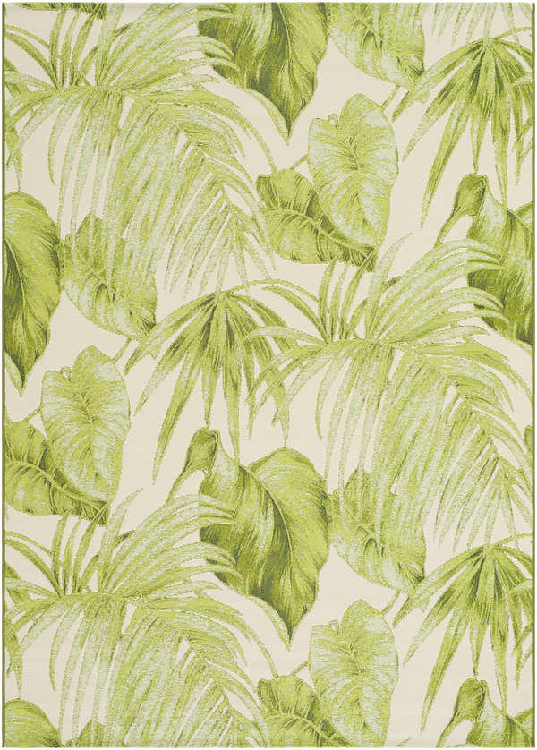 Close-up of the Amirah Green Area Rug featuring a tropical leaf pattern in shades of olive and ivory. Design-Rectangle