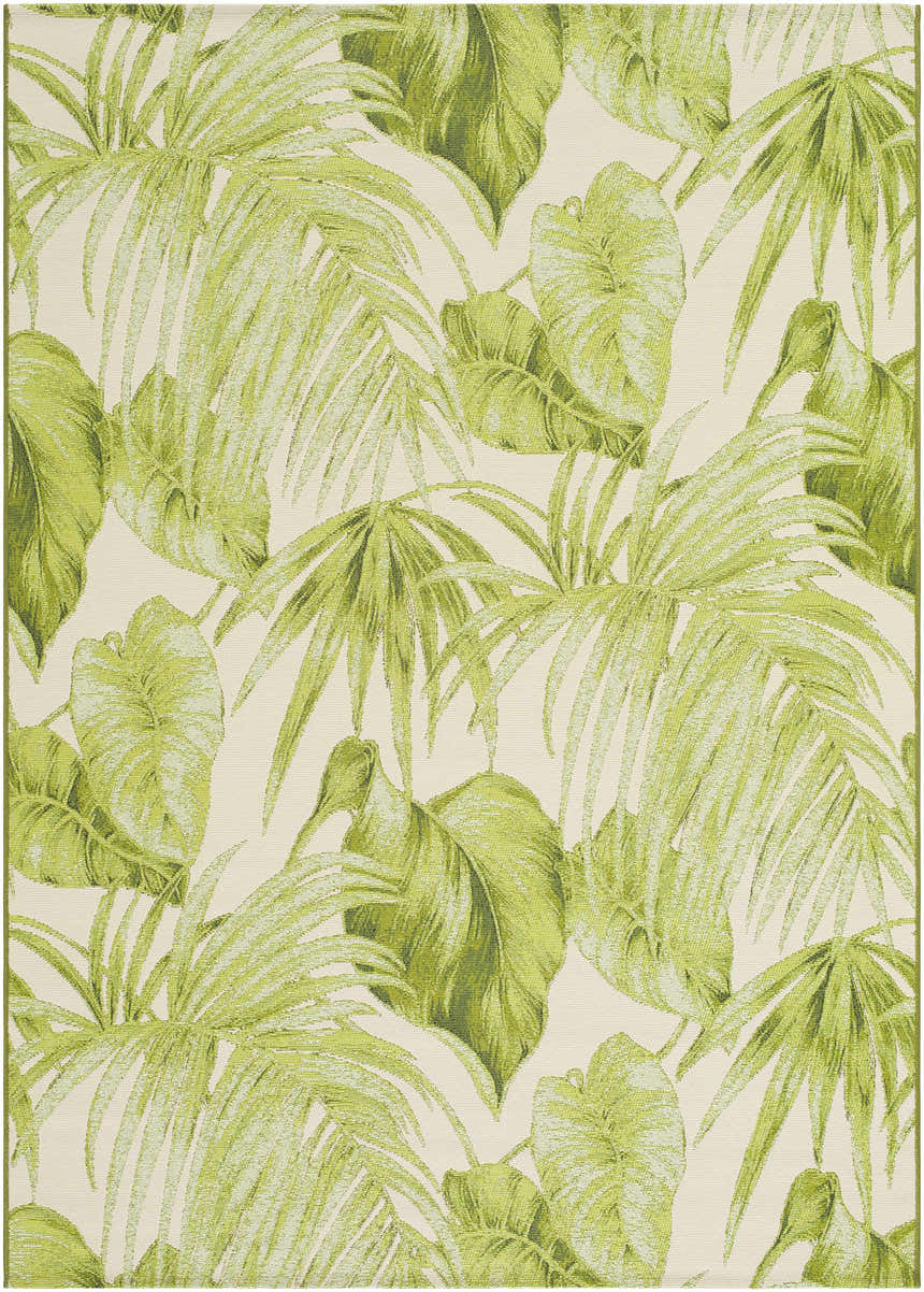 Close-up of the Amirah Green Area Rug featuring a tropical leaf pattern in shades of olive and ivory. Design-Rectangle