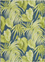 Close-up of the Amirah Teal Area Rug featuring a vibrant green tropical leaf pattern on a dark teal background. Design-Rectangle