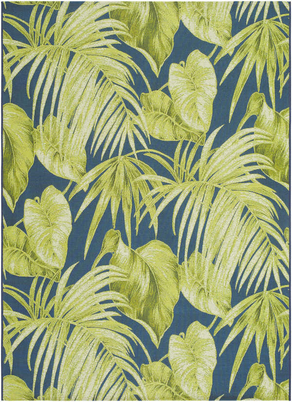 Close-up of the Amirah Teal Area Rug featuring a vibrant green tropical leaf pattern on a dark teal background. Design-Rectangle