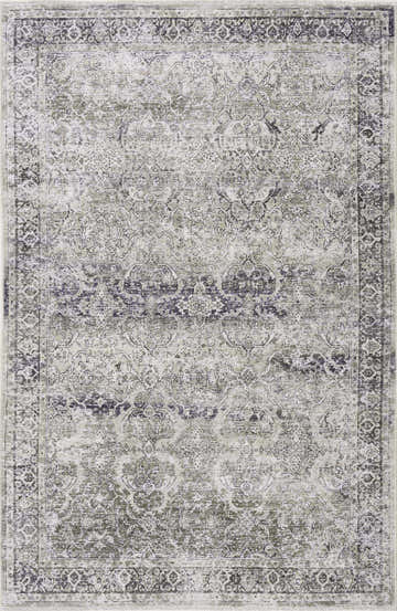 Close-up of the Gray Holi-4607 Washable Area Rug. Features a traditional vintage pattern in gray and white tones. Design-Rectangle-5373