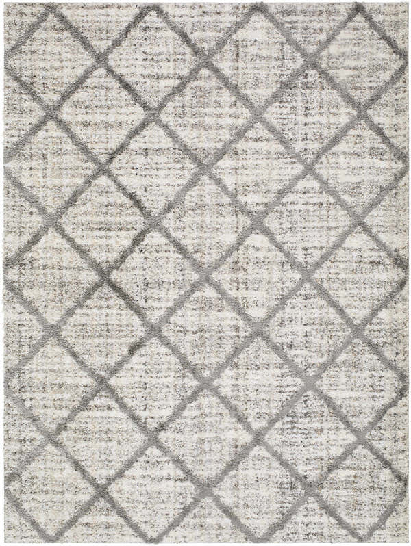 Close-up of the Anuhea Off White Area Rug, featuring a gray diamond pattern and soft, textured weave. Design-Rectangle-537