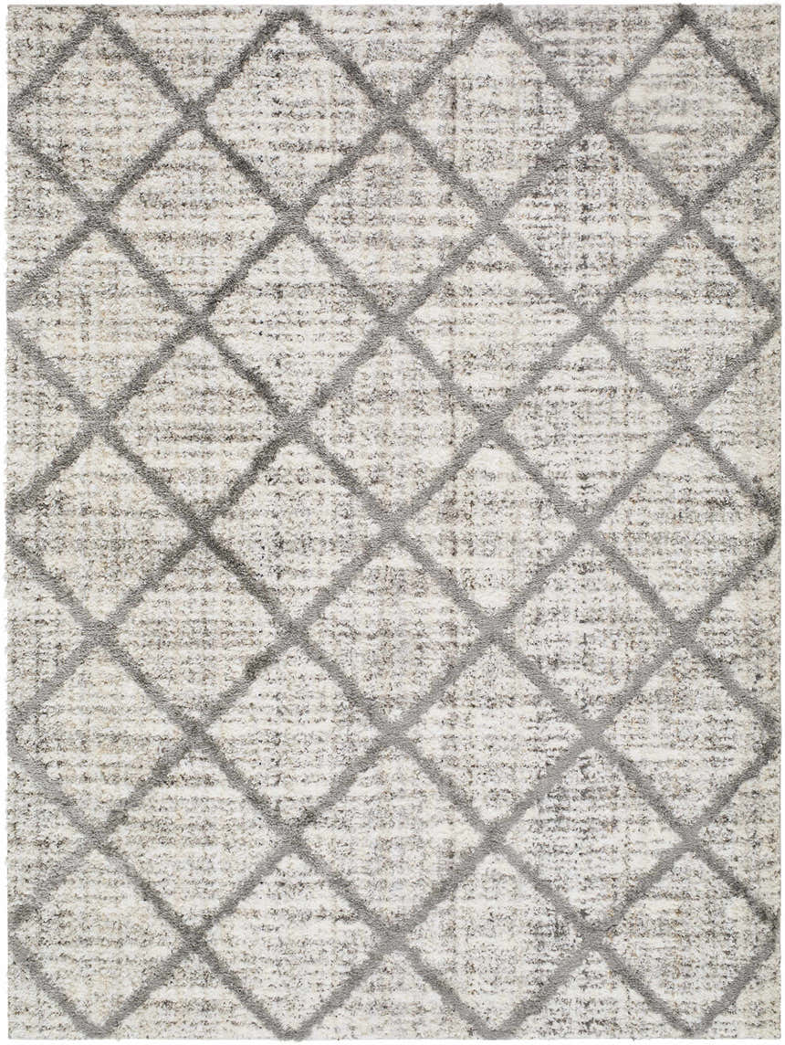 Close-up of the Anuhea Off White Area Rug, featuring a gray diamond pattern and soft, textured weave. Design-Rectangle-537