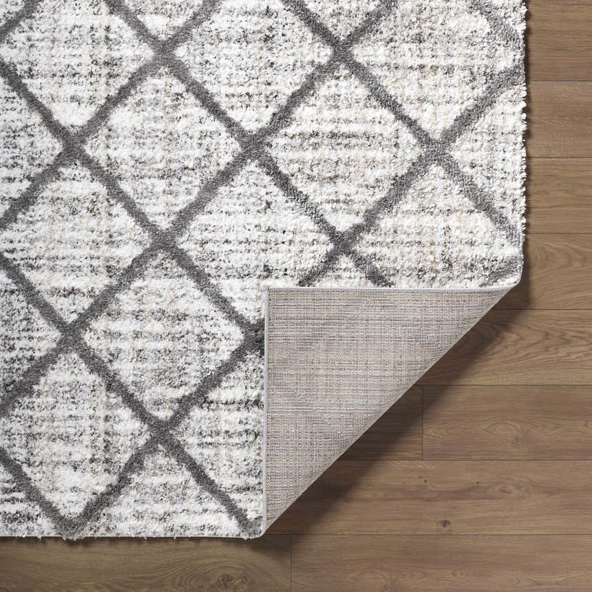 Close-up of the Anuhea Off White Area Rug showing its diamond pattern, plush texture, and backing on a wood floor. Fold
