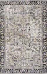 Close-up of the Holi-4606 Washable Area Rug. Traditional vintage style with black, gold, and neutral tones. Machine printed design. Design-Rectangle-5373