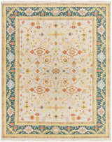 Detailed Yenimahalle Premium Rug - Clearance. Hand-knotted wool rug with beige, orange, blue, and mustard floral and traditional patterns. Design-Rectangle-810