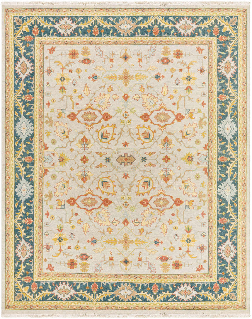 Detailed Yenimahalle Premium Rug - Clearance. Hand-knotted wool rug with beige, orange, blue, and mustard floral and traditional patterns. Design-Rectangle-810