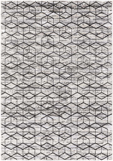 Close-up of the Yaqub Area Rug, featuring a black geometric pattern on a textured gray, off-white, and white background. Design-Rectangle-527