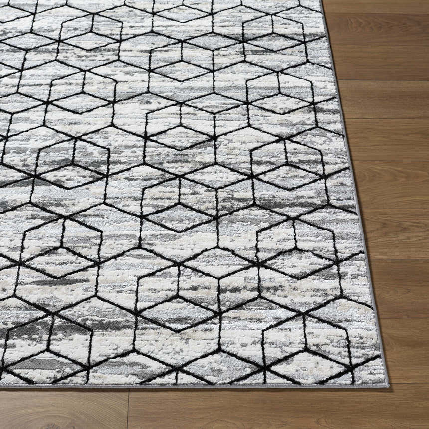 Close-up of the contemporary Yaqub Area Rug. Black geometric pattern on a gray, off-white, and white textured background. Front