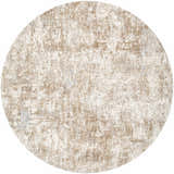 Close-up of round Yakov Area Rug with a contemporary abstract pattern in cream, tan, blue, and gray. Design-Round-53