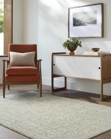 Living room scene with a Yadid Green Wool Area Rug, orange chair, and mid-century modern cabinet. Roomscene-Rectangle