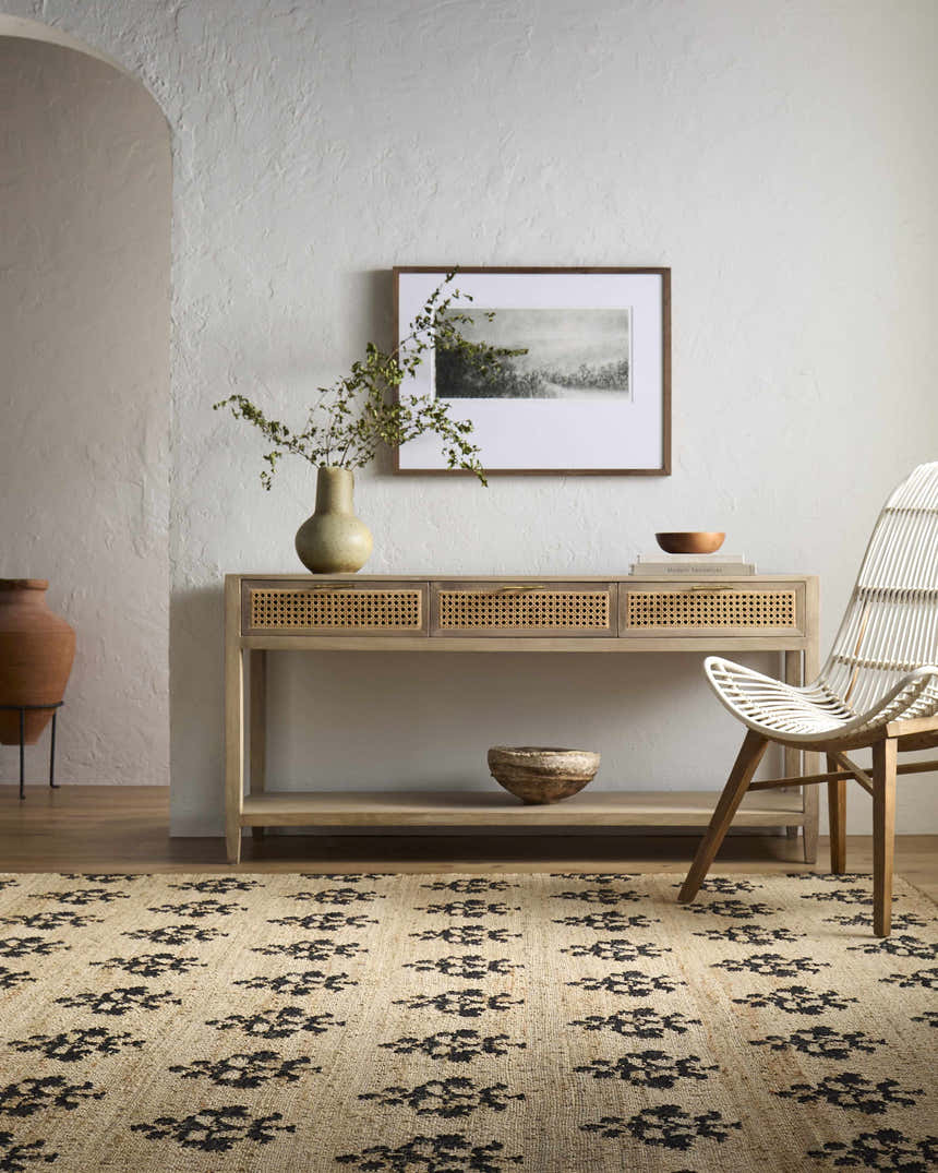 Entryway with a console table and Albina Florentine Jute&Wool Rug. Black floral pattern on a tan jute rug. Contemporary style. Roomscene-Rectangle