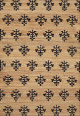 Close-up of the Albina Florentine Jute&Wool Rug. The rug has a black floral pattern on a tan jute background. Design-Rectangle-913