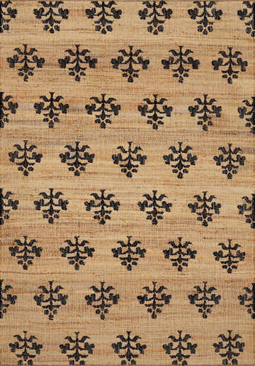 Close-up of the Albina Florentine Jute&Wool Rug. The rug has a black floral pattern on a tan jute background. Design-Rectangle-913
