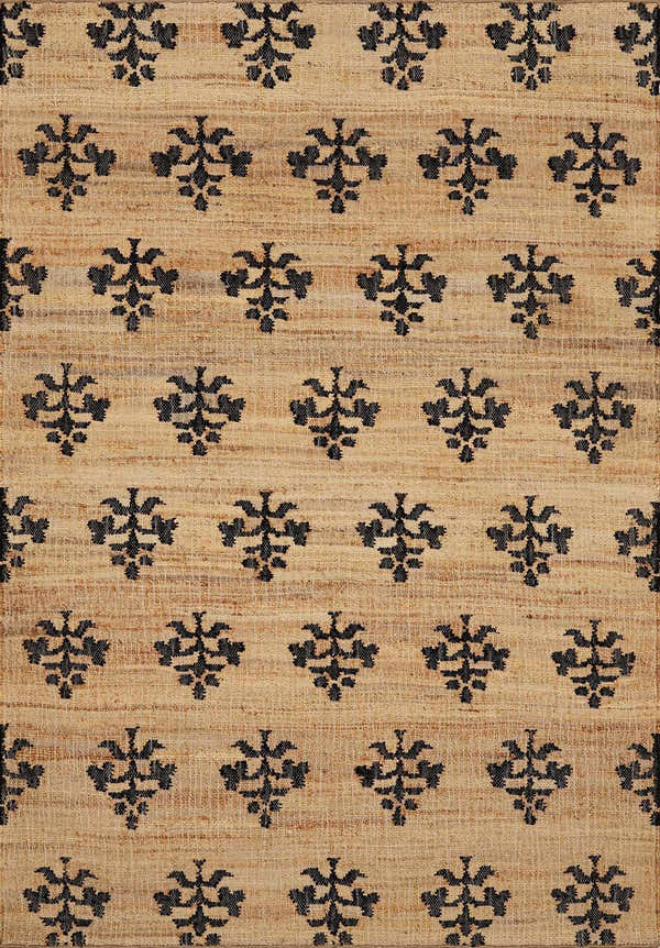 Close-up of the Albina Florentine Jute&Wool Rug. The rug has a black floral pattern on a tan jute background. Design-Rectangle-913