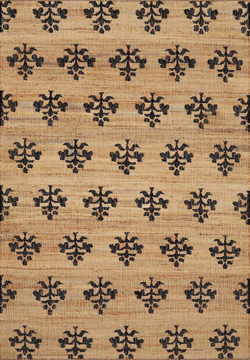 Close-up of the Albina Florentine Jute&Wool Rug. The rug has a black floral pattern on a tan jute background. Design-Rectangle-913