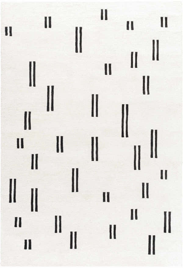 Close-up of the Yitta Ivory Area Rug. Contemporary design with black dashes on a soft, textured ivory wool. Design-Rectangle-576