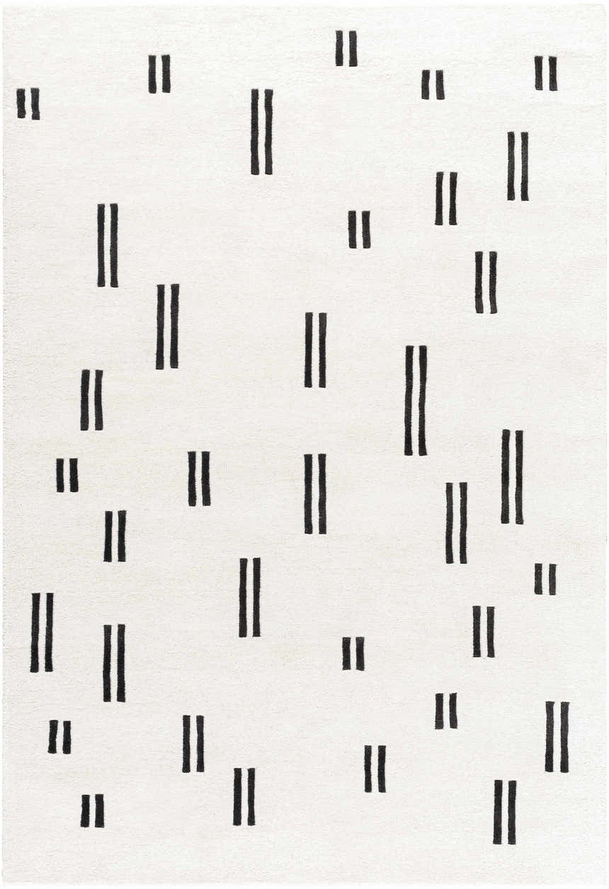 Close-up of the Yitta Ivory Area Rug. Contemporary design with black dashes on a soft, textured ivory wool. Design-Rectangle-576