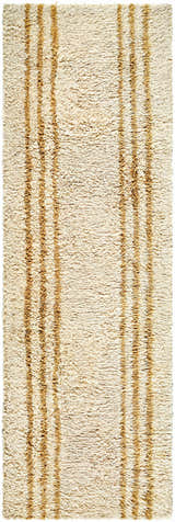 Close up of the Yahto Area Rug, a hand-tufted wool rug in camel and tan with a vertical stripe pattern. Design-Runner-268