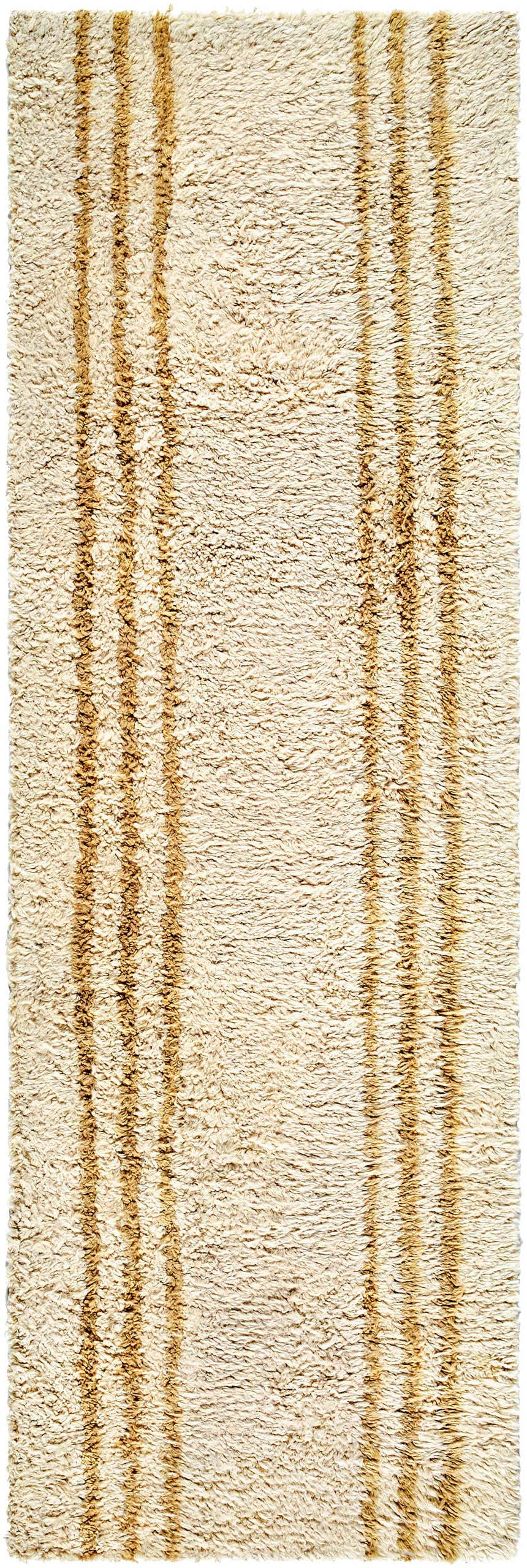 Close up of the Yahto Area Rug, a hand-tufted wool rug in camel and tan with a vertical stripe pattern. Design-Runner-268