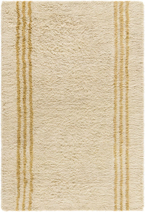 Close-up of the Yahto Area Rug. Hand-tufted wool rug in camel and desert tan with a simple stripe design. Design-Rectangle-576