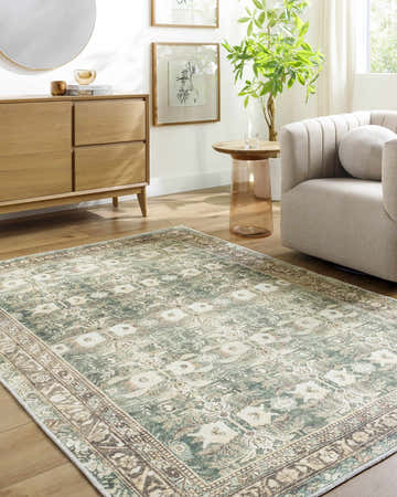 Living room scene with Acoose Vintage Flat Pile Washable Rug in green, cream, and peach tones. Farmhouse style with wood furniture. Roomscene-Rectangle