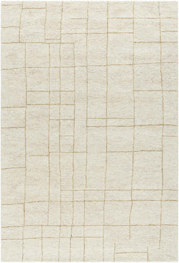 Close-up of the Adalyn Area Rug - Vivir x Livabliss. Beige wool with a geometric grid pattern. Hand-tufted texture. Design-Rectangle-576